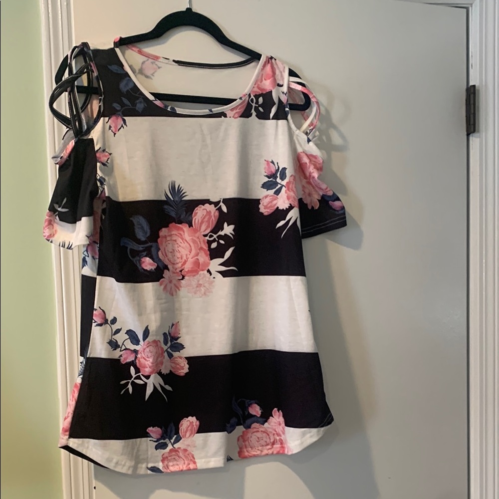 Floral Cold Shoulder Top - Black and Pink